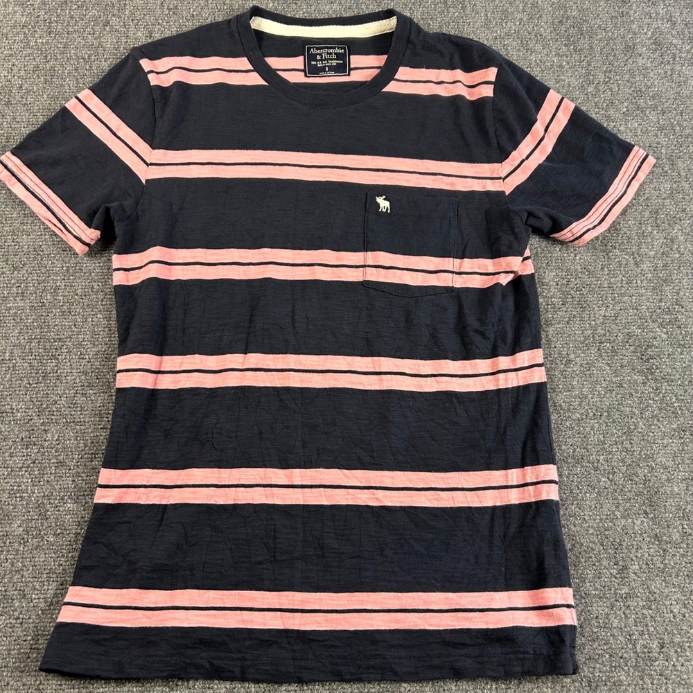 Abercrombie & Fitch Mens Small Navy Pink Striped Pocket T-Shirt Moose Logo